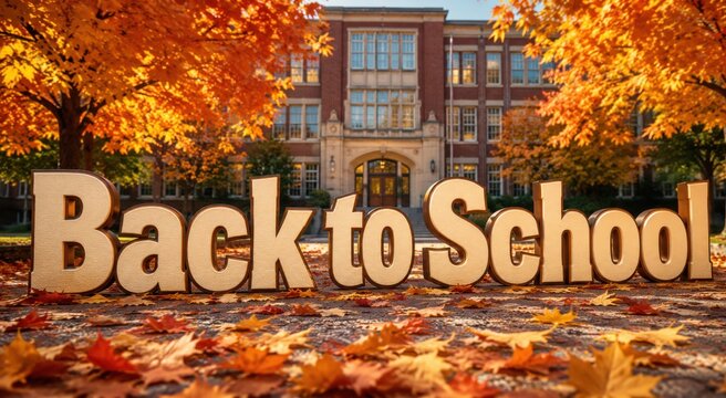 Large "Back to School" lettering displayed in front of a school building surrounded by colorful autumn trees and fallen leaves, seasonal education concept