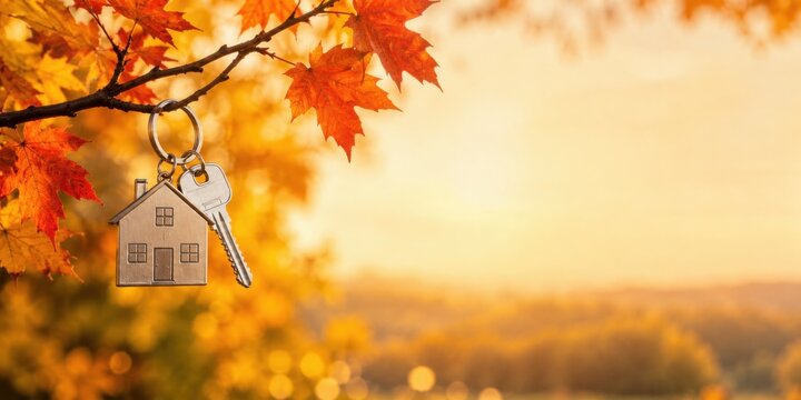 House key hanging from an autumn tree branch with colorful leaves and soft golden bokeh, representing home ownership, property, real estate, moving and new beginnings. Advertising banner, copy space