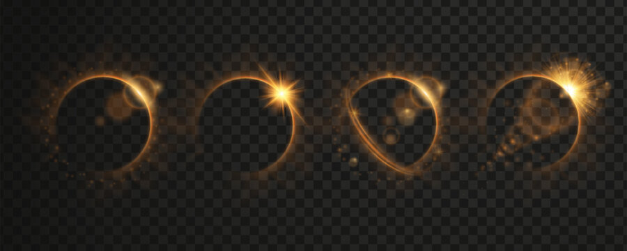 Solar eclipse effect with star light and round planet in cosmic space. Edge flare with glowing neon ring and golden halo. Orange shine sparkles on abstract universe backdrop with bright rays.