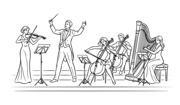 Symphony Orchestra Musicians Playing Violin Cello Harp Conductor Black Vector Line Art