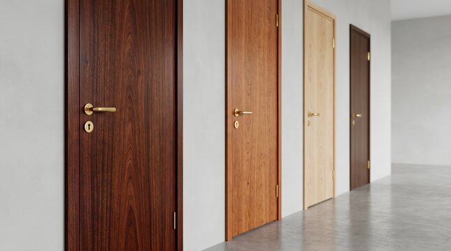 Row of various elegant wooden doors with gold handles lining a minimalist hallway in a modern office or apartment for career opportunity and decision making concept