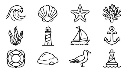 Obraz premium Nautical Icons Set with Waves, Shells, Lighthouse, and Sailboat Design