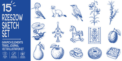 Fototapeta premium Rzeszow Poland Element Set, Podkarpackie Folk Heritage, Rzeszowiacy and Lasowiacy Culture, Traditional Crafts, Regional Foods, Wildlife and Rare Botanical Ink Sketch