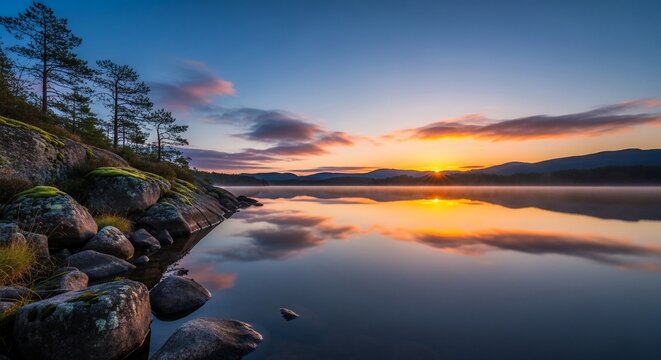 Tranquil lake sunset reflection