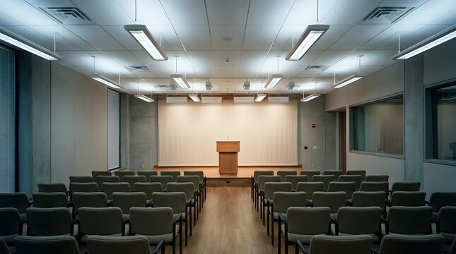 Empty university lecture hall with rows of seating and stage