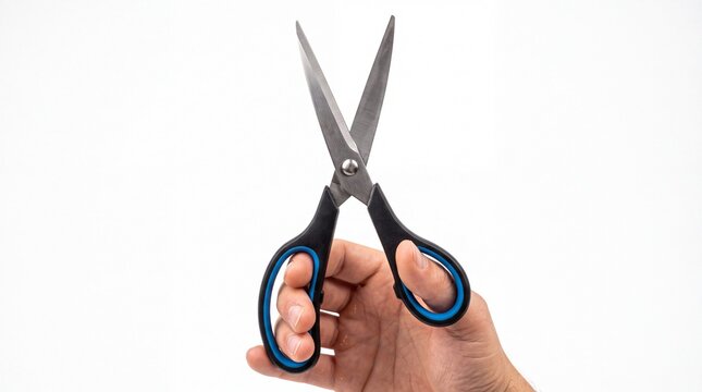 A hand holding open metal scissors with black blue handles