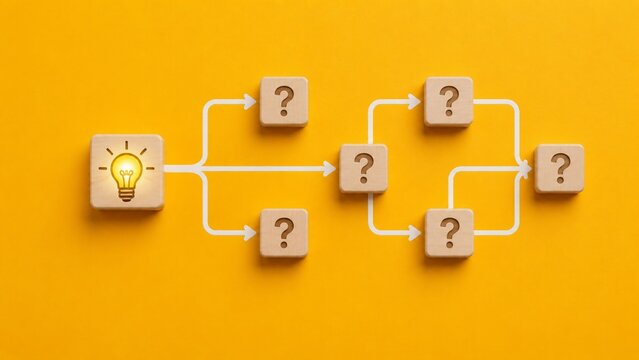 Problem solving and decision making concept with glowing lightbulb branching to question marks on wooden blocks
