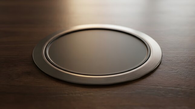 Close up of a circular desk grommet for cable management on a table