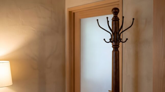 Wooden coat rack standing in the corner of a warmly lit office