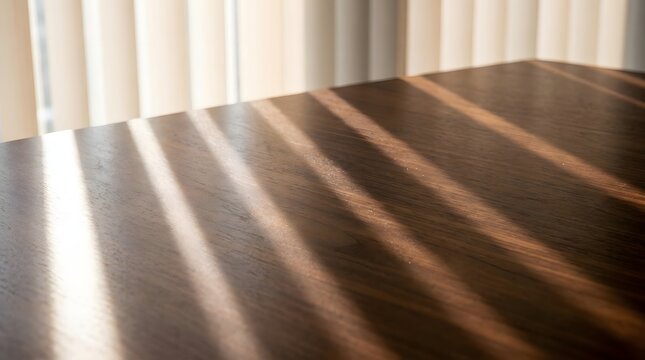 Dramatic afternoon window blind shadows falling across a wooden table