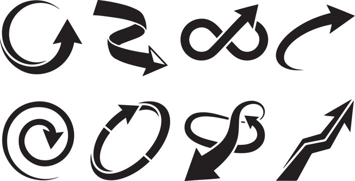 Black dynamic arrows vector set, swirling circle, ribbon curl, infinity loop and growth trend pointers illustration