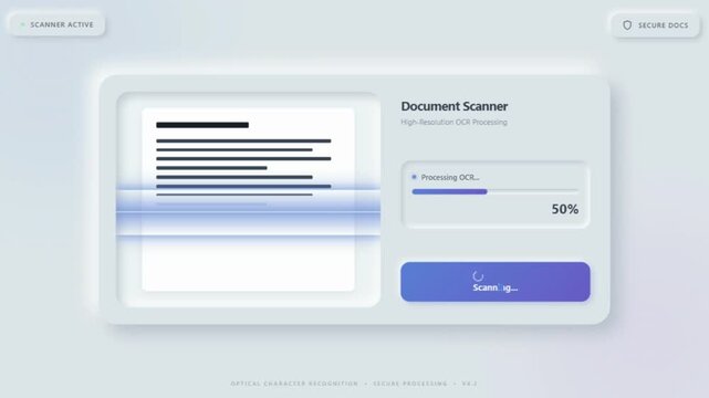 Document scanner interface animation showing a digital document being scanned, processed and saved with progress tracking for paperless workflow and document management