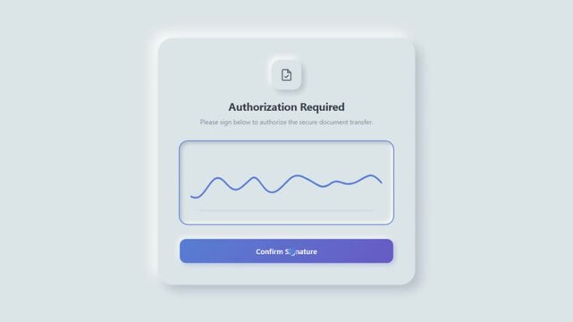 Digital signature authorization interface animation showing handwritten signature input and successfully signed secure document for electronic approval workflow