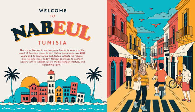 Welcome to Nabeul, Tunisia - Vibrant Coastal City Illustration with People and Palm Trees