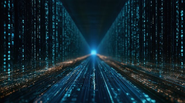 Futuristic computer graphics illustration of a digital highway, central glowing blue pathway with digital numbers receding to bright blue horizon, flanking vertical binary code columns in luminous cya