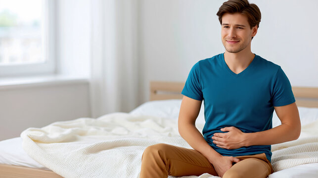 Man sitting on bed with stomach pain for digestive health and abdominal discomfort