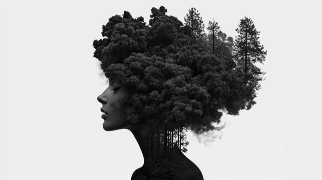A Black and White Portrait of a Woman with Trees in Her Hair
