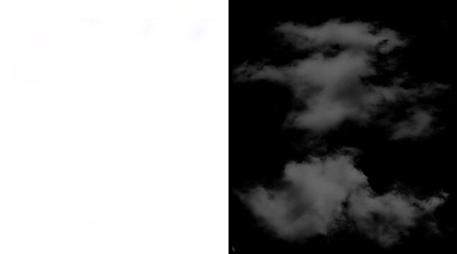 Realistic white clouds on black background, fluffy atmospheric cloud textures, isolated smoke and fog elements for photo compositing