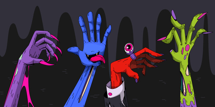 Set of zombie hands with creepy fingers isolated on black. Vector illustration of spooky Halloween monster arms rising from underground, with human eye in ring, palm with tongue, horror poster designs