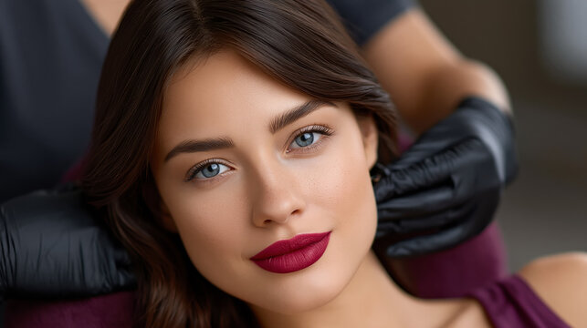 Woman beauty portrait with dark lipstick for cosmetic clinic and permanent makeup service