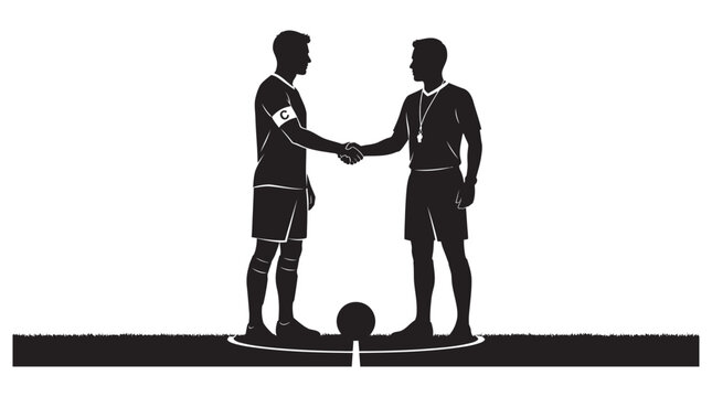 Soccer players shaking hands with a ball on the field silhouette