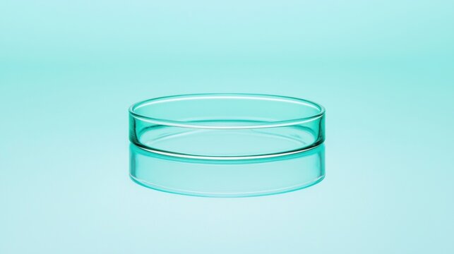 A clear glass beaker sits on a light blue background.