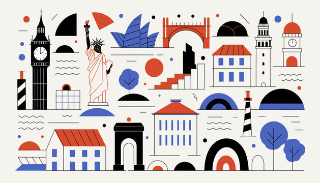city landmarks and abstract shapes in minimalist style