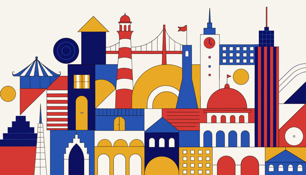 colorful cityscape with iconic landmarks and modern architecture