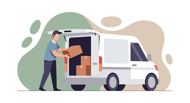 Delivery worker loading cardboard boxes into the back of a cargo van