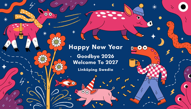 Happy New Year celebration with pigs and fireworks