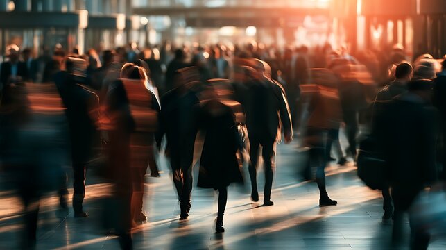 Awesome photo of blurred motion of a busy crowd walking in a city terminal.