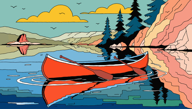 red canoe on calm lake with mountains and trees
