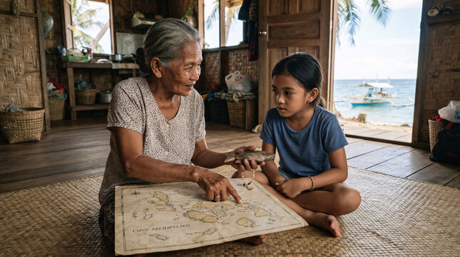 Grandmother teaching a young girl about island heritage, geography and traditional knowledge inside a coastal home.