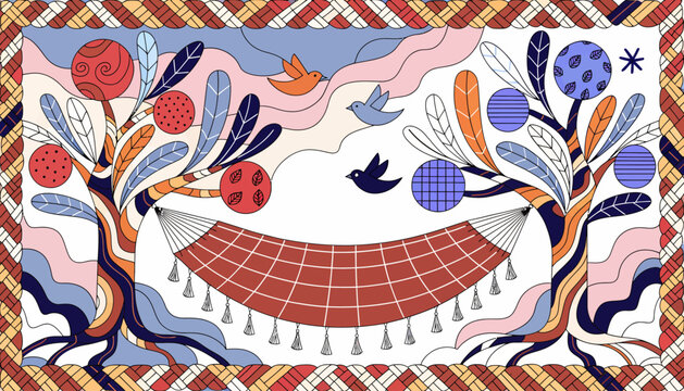 vibrant abstract illustration of trees, birds, and flowers