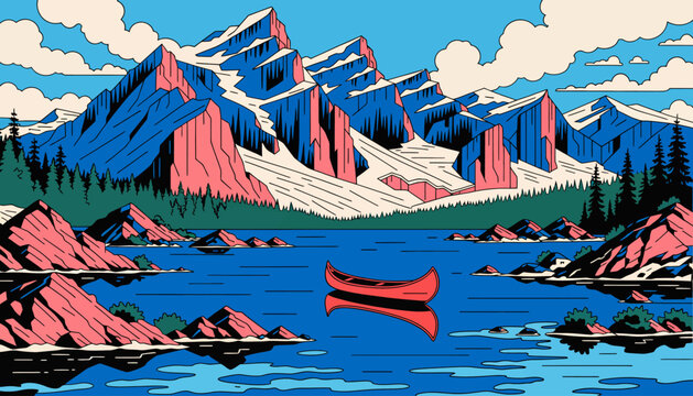 vibrant mountain lake scene with canoe, snow-capped peaks and serene waters