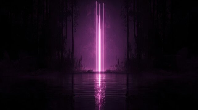 A mysterious purple light pierces the darkness, casting an ethereal glow on the still water below.
