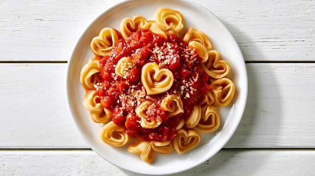 Awesome photo of heartshaped pasta with tomato sauce and cheese.