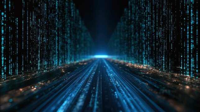 Futuristic computer graphics illustration of a digital highway, central glowing blue pathway with digital numbers receding to bright blue horizon, flanking vertical binary code columns in luminous cya