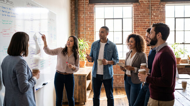 Diverse team of young lawyers brainstorms a complex case in a trendy industrial law firm office. They point at a whiteboard with legal strategies in a bright environment.