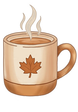 Tasse mit hei&szlig;em Getr&auml;nk, Dampf und Ahornblatt im Herbst, Herbstmotiv