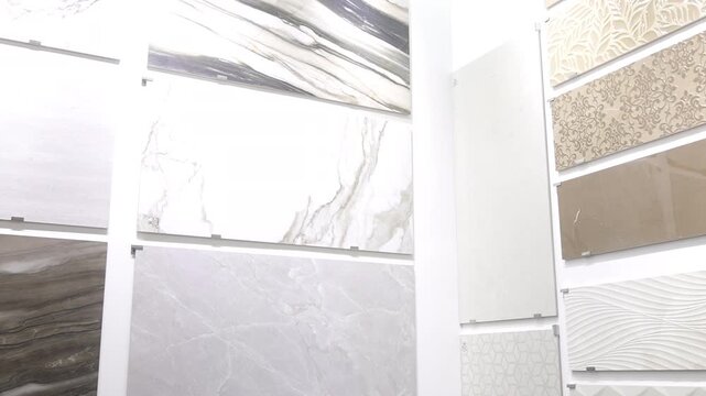 Showroom display of large tile panels with varied marble, stone, and decorative relief finishes under bright overhead lighting, with tile, showroom, marble, stone detail