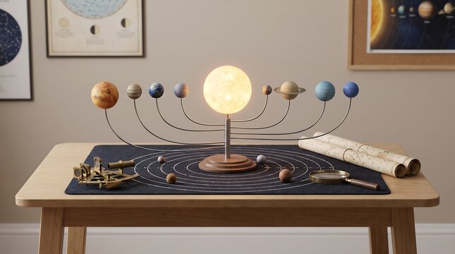 Detailed Illuminated Solar System Orrery Model on a Desk, Surrounded by Astronomical Charts and Educational Tools, Representing Cosmic Exploration and Scientific Learning