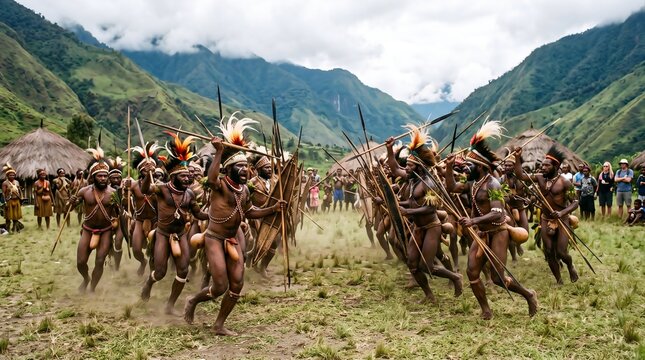 Tribal warriors in traditional attire with spears engaged in a ceremonial dance in a lush valley surrounded by mountains, showcasing cultural heritage
