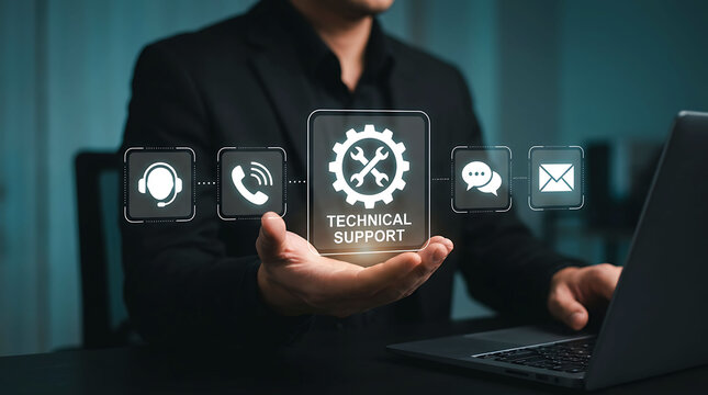 Businessman holding technical support holographic icon above laptop