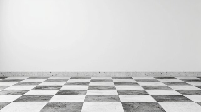 A black and white checkered floor in a room with a white wall.