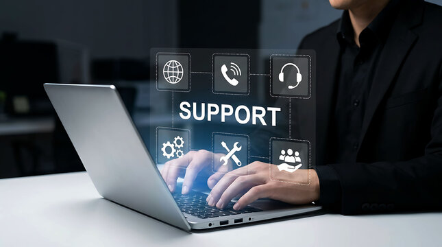 Businessman using laptop with support holographic screen interface