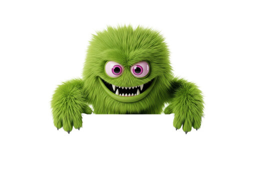 a highly detailed, photorealistic, lime-green furry monster mascot with large pink eyes and sharp teeth, grasping a transparent studio surface with copy space, humorous advertising concept