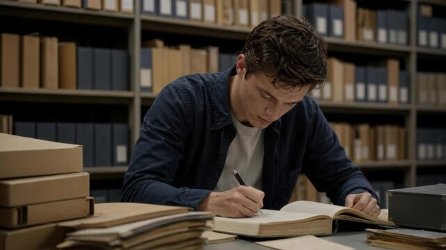 Young man studying and taking notes in a library surrounded by books and documents