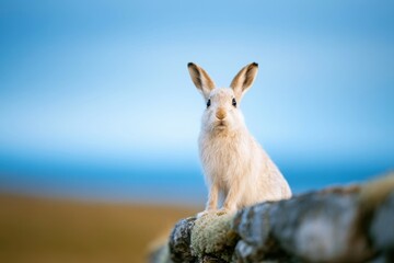 Fototapeta premium Arctic hare beside a mossy stone wall, quiet wildlife habitat, soft overcast light, natural stock composition