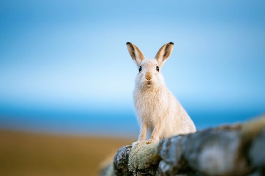 Arctic hare beside a mossy stone wall, quiet wildlife habitat, soft overcast light, natural stock composition